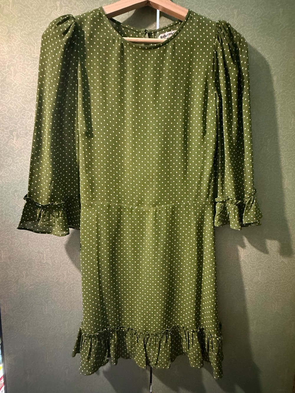 Reformation Olive Green Polka Dot Mini Dress - size 0